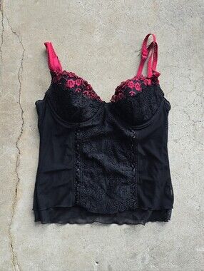 vtg Y2K Rampage Black Lace red Bustier Top  corset 34B 2000s goth vamp romantic